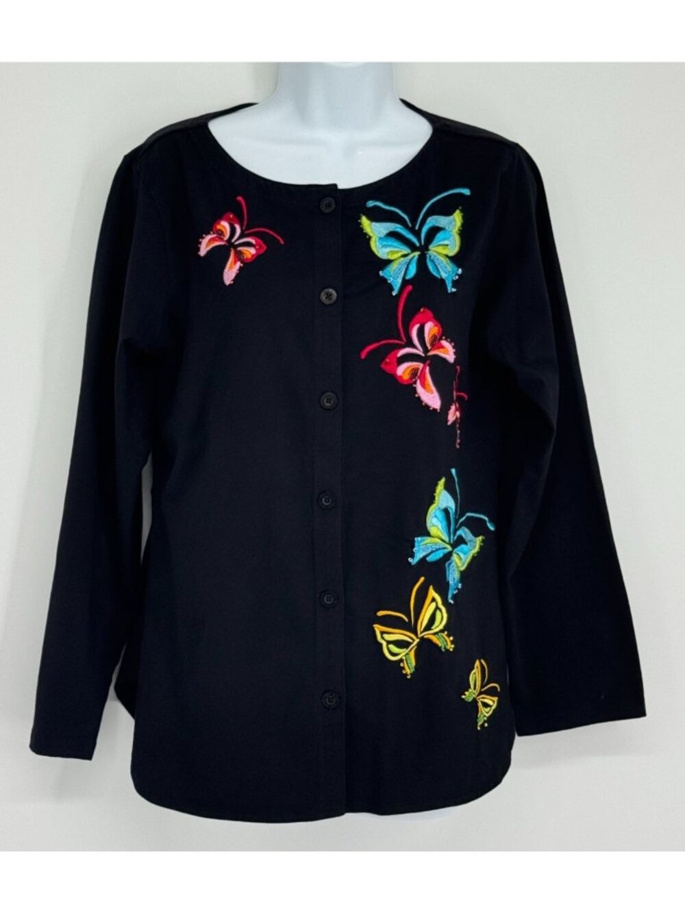 Vintage Michael Simon Butterfly Embroidered Cardigan Jacket Medium M Black Cotto